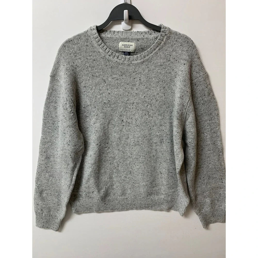 American Eagle Mens Gray Speckled Crewneck Sweater Wool Blend Size M Ribbed Knit